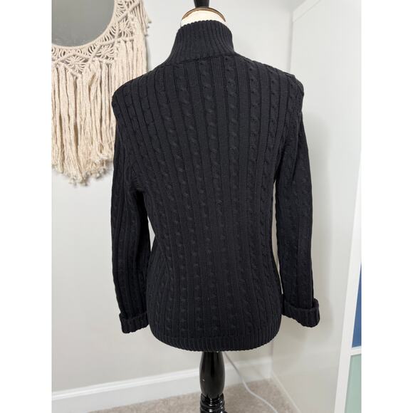 Lauren Ralph Lauren Black Cable knit Turtleneck Zip Cardigan Sweater M Holiday - Picture 2 of 7